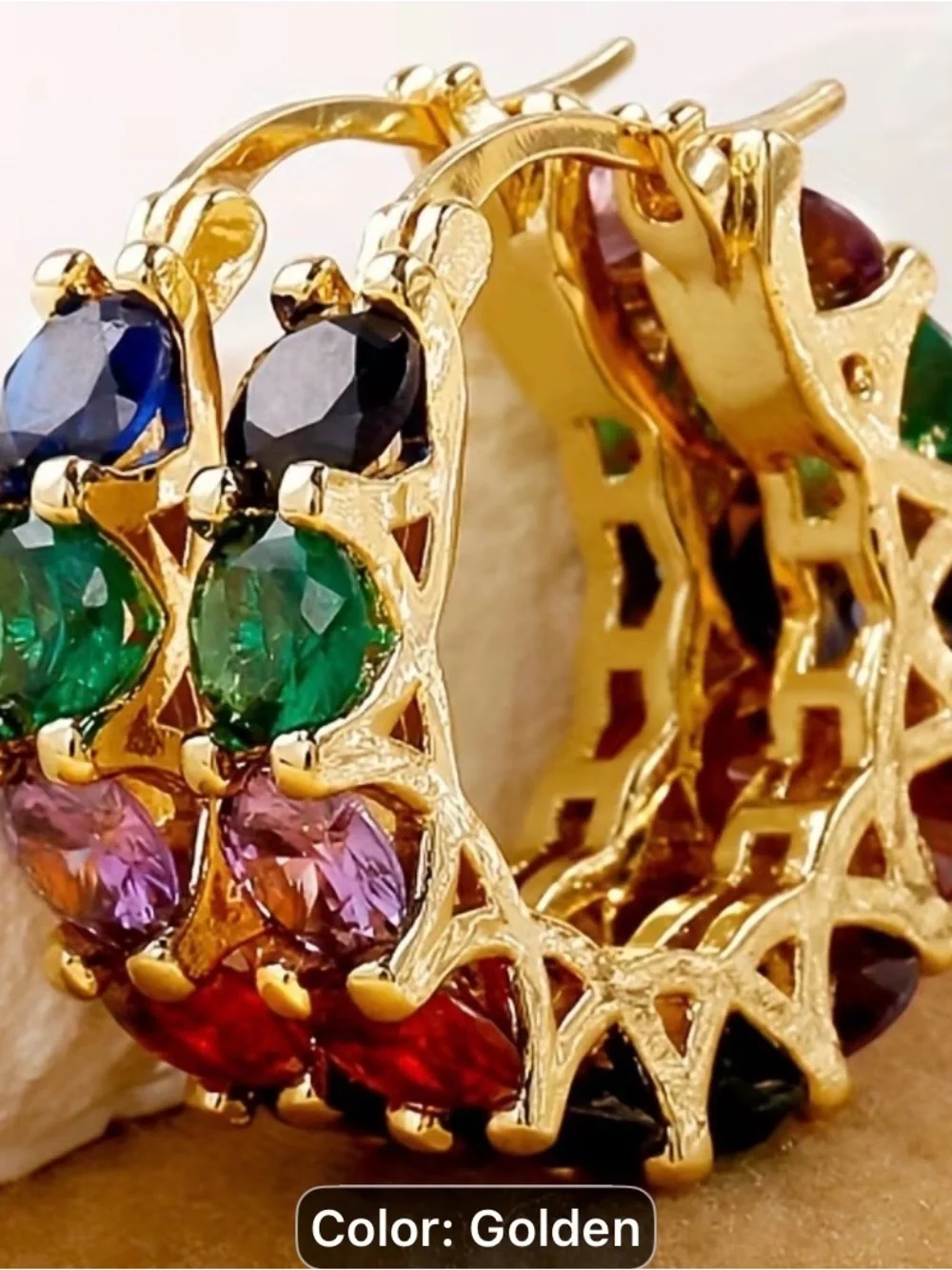 High Quality Gold-Tone Multi Gem Hoop Earrings - Colorful Crystal Accent